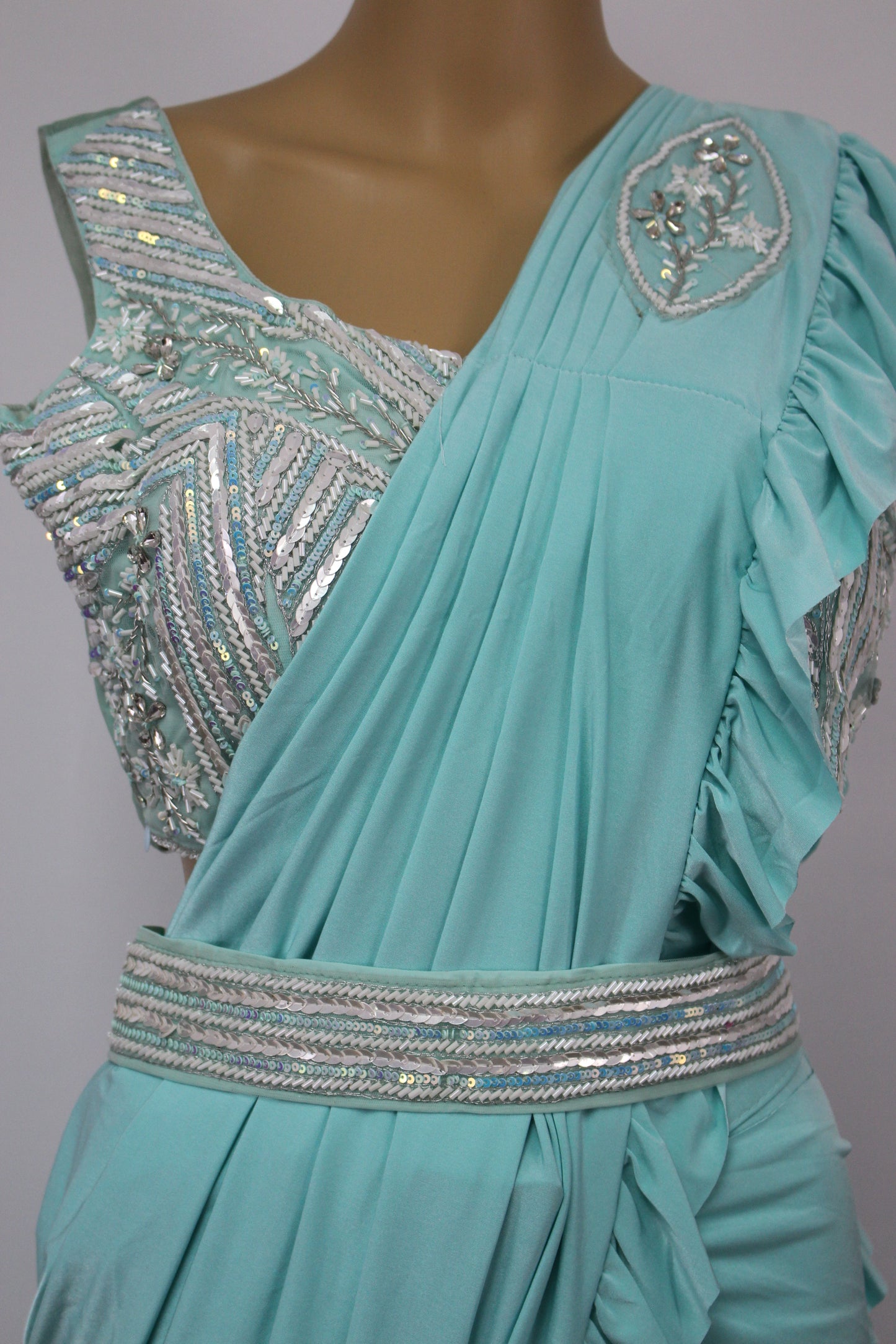 Light Turquoise Ready to Wear Saree with Beautifully Handcrafted Blouse and Belt