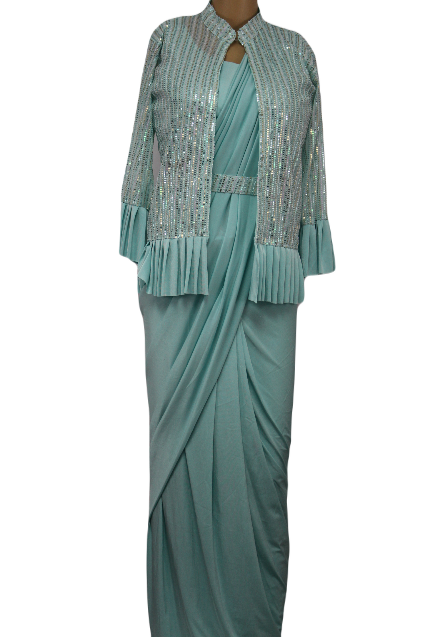 Ready to Wear Saree with Sequined Shrug in Aqua